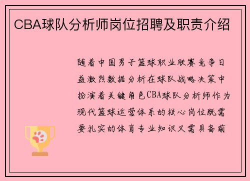 CBA球队分析师岗位招聘及职责介绍
